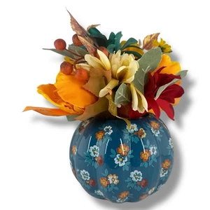 The Pioneer Women Harvest Pumpkin W/Faux Foliage Teal Table Accent Fall - Picture 1 of 4