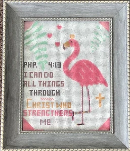 Framed Flamingo Cross Stitch Philippians 4:13 Bible Verse Art 13x11 - Picture 1 of 4