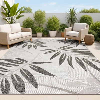 Alfombra Tropical Hoja de Palma Interior Exterior 4X6 Gris/Negro, Habana para Patio Trasero,  Foto 1 de 4