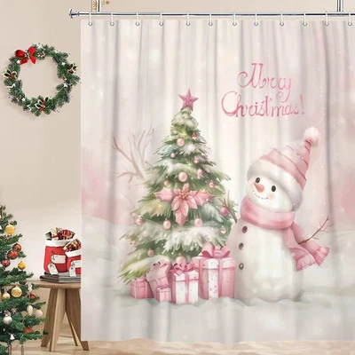 Rosa Árbol de Navidad Muñeco de Nieve Cortina de Ducha, Lindo Navidad Invierno Pino Copo de Nieve F... Foto 1 de 4