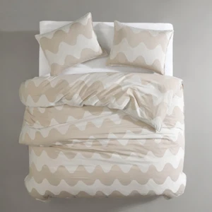 FINNISH MODERN MARIMEKKO "LOKKI" QUEEN 3PC DUVET SET 2-TONE BEIGE SATEEN NEW - Picture 1 of 14