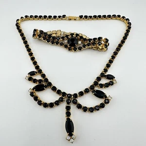 Vintage Jewelry Set Necklace Bracelet Black Glass Rhinestone Gold Tone Prong Set - Picture 1 of 12