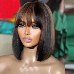Short Bob Cut O Scalp Top Full Machine Made Wig With Bangs Highlight Human Hair - Picture 1 of 12