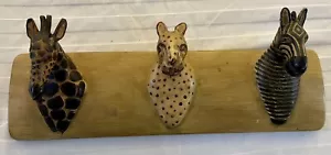 Kenyan Style Wall Coat Rack 3 Carved Wood Animals Leopard Giraffe Zebra - Picture 1 of 8