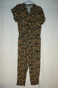 Girls Pants Jumpsuit BLACK w/ SUNFLOWERS Button Upper SLIM LEG Rayon XL 14-16 - Picture 1 of 2
