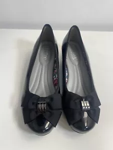 Hotter Pansy Low Wedge Slip On Shoes Black Patent Bow Front UK 6 Smart Office - Picture 1 of 10