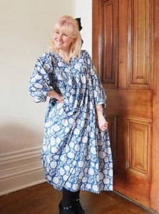 Indian Block printed Blue and White Floral Cotton Handmade Free Size Dress - Picture 1 of 5
