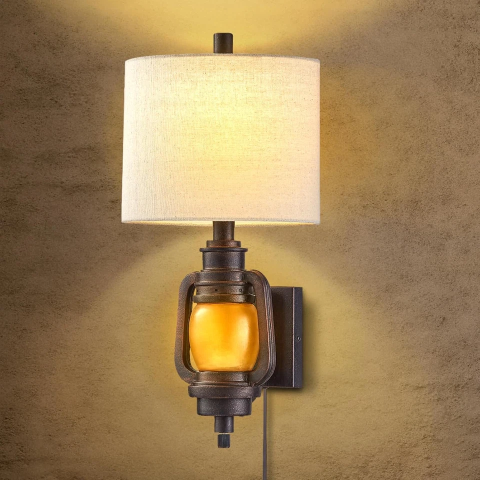 Wall Mount Lamp, Wall Lights with Plug in Cord - Dark Bronze Finish, Linen Fabri — 第 1/4 张图片