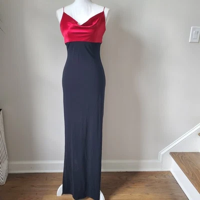 Key Unger Black Red Silk Combo Long Slit Spaghetti Strap Maxi Party  Dress Sz 2 - Image 1 of 4