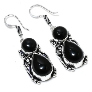 Black Spinel Gemstone Handmade 925 Sterling Silver Jewelry Earring Size 1.75'' - Picture 1 of 1
