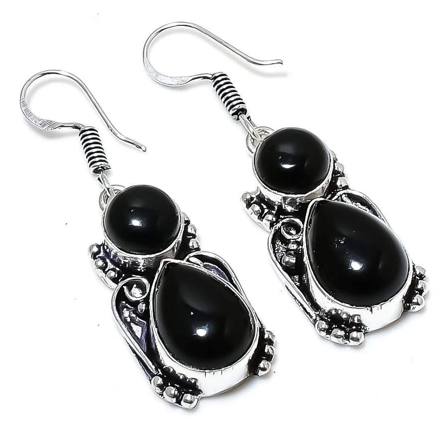 Black Spinel Gemstone Handmade 925 Sterling Silver Jewelry Earring Size 1.75'' - Image 1 of 1