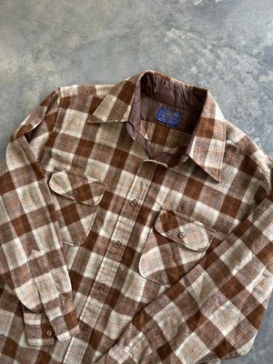 Vintage 70s Pendleton 100% Wool Flannel Fall Color Plaid Long Sleeve Shirt XL - Image 1 of 4