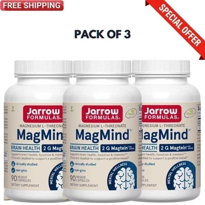 Paquete de 3 suplementos cerebrales Jarrow magnesio L-treonato, MagMind para memoria-90ct Foto 1 de 4