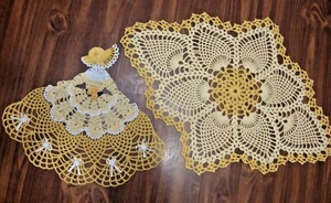 ~~TAMS SUNSHINE HAND CROCHETED DOILY SET~CRINOLINE LADY~OVAL PINEAPPLES~YELLOW~~ - Picture 1 of 7