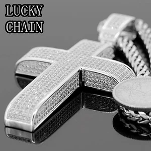 14K WHITE GOLD FINISH LAB DIAMOND CROSS PENDANT 36" FRANCO CHAIN/107g/SET61 - Picture 1 of 9