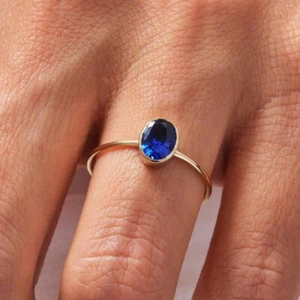 0.75CT Blue Oval Cut Lab-Grown Diamond In 10K Yellow Gold Wedding Bezel Set Ring - Picture 1 of 8