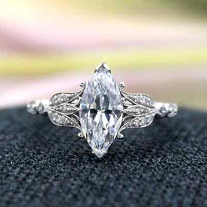 Real Moissanite 1.50Ct Marquise Cut Art Deco Wedding Ring 14K White Gold Finish - Picture 1 of 4
