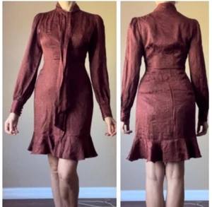 NWT $88 Express Snake Print Ruffle Tie Neck Front Button Up Puff Sleeve Dress XS - Picture 1 of 9