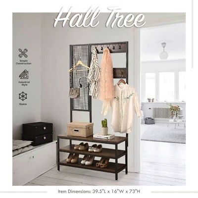 Hall Tree Grid Wall Coat Rack Shoe Bench Wood - Entryway Storage Shelf Organizer - Image 1 of 4
