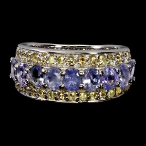 Anello In Argento Sterling 925 Ovale Con Gemma Di Tanzanite E Zaffiro Taglia - Foto 1 di 14