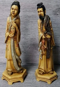 Pair Oriental Chinese Figurines Woman With Vase And Man With Fishs - DAMAGED - Picture 1 of 22