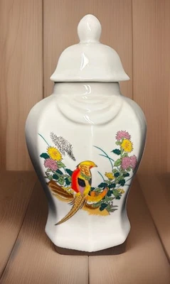 "Frasco oriental asiático japonés/chino pájaro diseño flor 7"" con tapa vintage" Foto 1 de 4