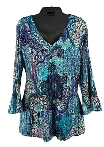 Jaclyn Smith Boho Akkordeon Plissee Tunika Satin Emb V-Ausschnitt Glockenärmel Top Gr. 1X - Bild 1 von 5