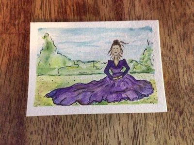 Cartão de arte ACEO original, aquarela, senhora sentada na grama - Imagem 1 de 2