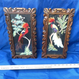 Coppia cornici in legno arte uccellino messicano vintage piuma CARTIMEX fatte a mano - Foto 1 di 6