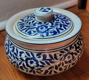 Vintage HEAVY Lidded Serving Dish * Handmade Ceramic * 8x8x5 * Blue and White - Picture 1 of 7