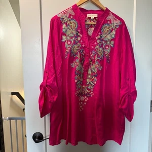 Luna Moon Bright Pink Magenta Embroidered Popover Tunic Top Boho Lightweight XL - Picture 1 of 8