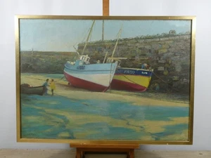 Post War Large Impressionist Oil Painting Newquay Landscape Fishing Boats Signed - Picture 1 of 24