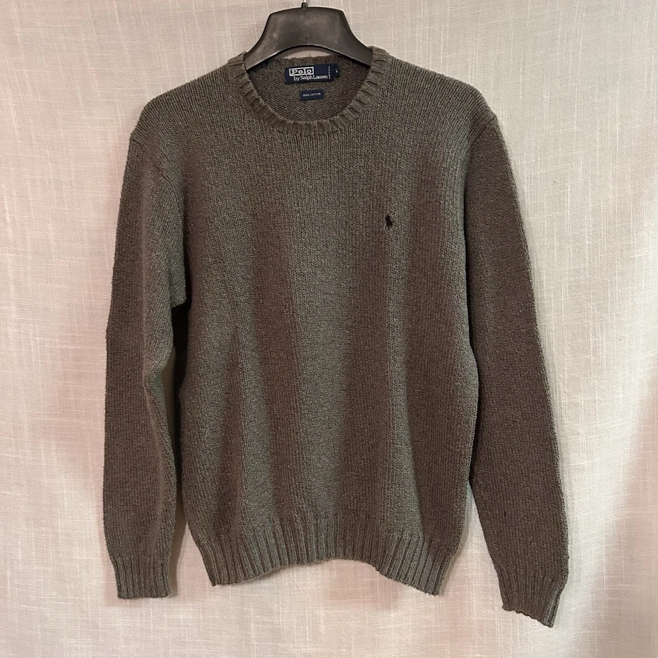 Polo Ralph Lauren Chunky Knit Sweater Men's Size L Gray Logo Vintage 90s - Image 1 of 4