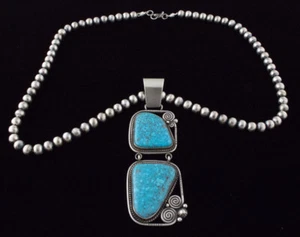Sterling Silver Bead Necklace With Natural Morenci Web Turquoise Pendant - Picture 1 of 3