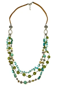 Turquoise Green Abstract Mixed Stacked Stone Shell Necklace With Leather 35" - Picture 1 of 4