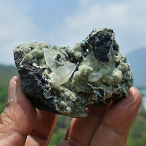 SMOKY STELLAR BEAM CALCITE CRYSTAL ON CELADONITE HEULANDITE STILBITE MATRIX - Picture 1 of 8