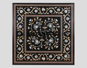 30" Black Marble Coffee Table Top Semi Precious Stone Inlay Marquetry Art Decor - Picture 1 of 9