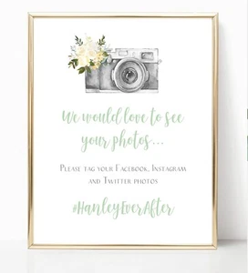 Personalised A4 Wedding Sign Floral Camera Hashtag Instagram Facebook - Cream - Picture 1 of 2