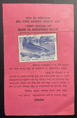 New Jersey 1971 Resident Fishing License #69567 - used - w/Trout Stamp - NJ - Image 1 of 3
