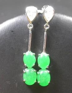 Genuine Green Jade Cabochon Cubic Zirconia Teardrop 18KGP Stud Dangle Earrings - Picture 1 of 9