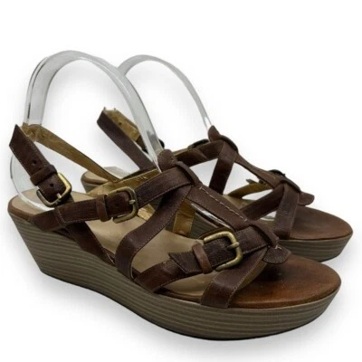 Stuart Weitzman 9.5 M Strappy Leather Platform Wedge Sandals Heels Brown Buckle - Image 1 of 4