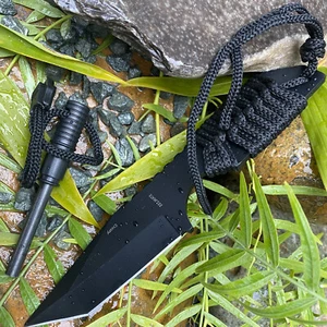 FIXED STAINLESS TANTO BLADE KNIFE WITH BLACK CORD WRAPPED HANDLE FIRE STARTER - Picture 1 of 7
