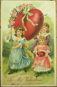 Valentine 1910 Postcard, Children and Hearts, Embossed Color Litho - Picture 1 of 1