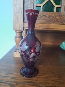 Vintage Egermann Rubinrot Schliff auf Klarglas Vase Böhmisch Böhmisch Burg Hirsch 40er - Bild 1 von 12