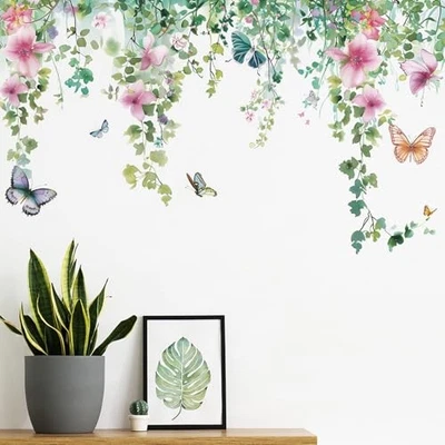 Calcomanías de pared Flower Vine colgantes hojas verdes pegatinas de pared flor mariposa  Foto 1 de 4