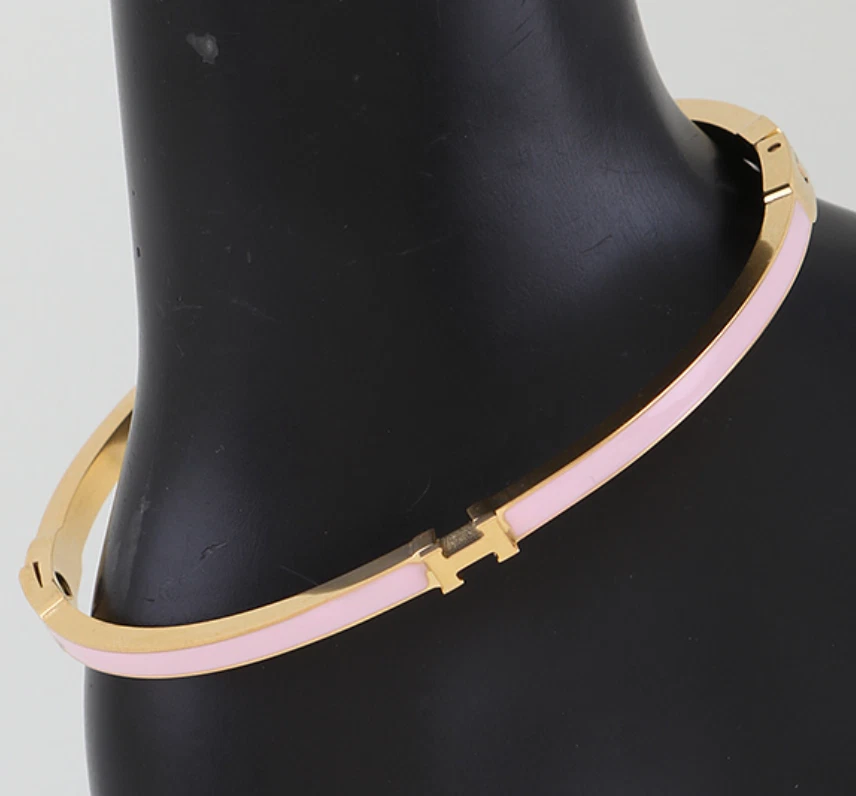 Bangle Clic H Letter Bracelet  Pink & Gold Plated Stainless Steel Dainty Clean - Image 1 of 1