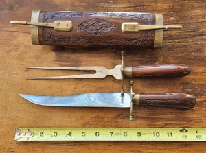 Tranchierset Messer und Gabel geschnitzte Holzgriffe und Etui Vintage Antik Indien  - Bild 1 von 10