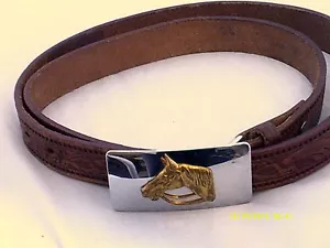 Leather Embossed Leaf Design Belt w/Golden Horse Head- Silver Plate size 36 - Bild 1 von 4