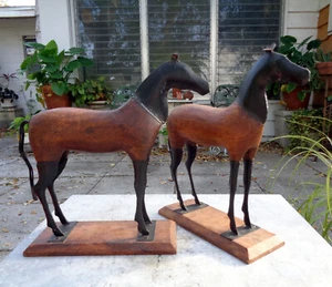 PAIR of MARWARI horses WOOD hand carved IRON on SHISHAM plinth SCULPTURES - Picture 1 of 9