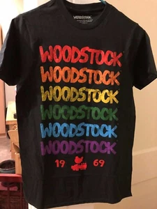 Woodstock Men's T-Shirt Small Rock Music Rainbow 1969 Hippie Black 60's 70's NEW - Picture 1 of 5